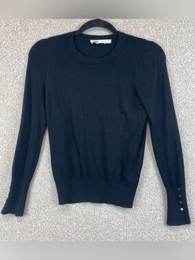 Zara Sweater Knit Black Womens  Medium Viscose Gold Button Cuff Preppy Minimal